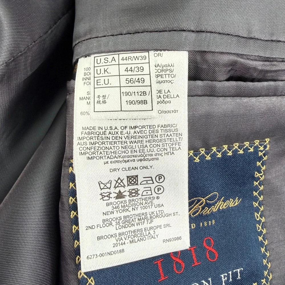 Brooks Brothers 1818 Madison Estrato Suit Mens 44R (Pants‎ 38x24) Wool Blazer